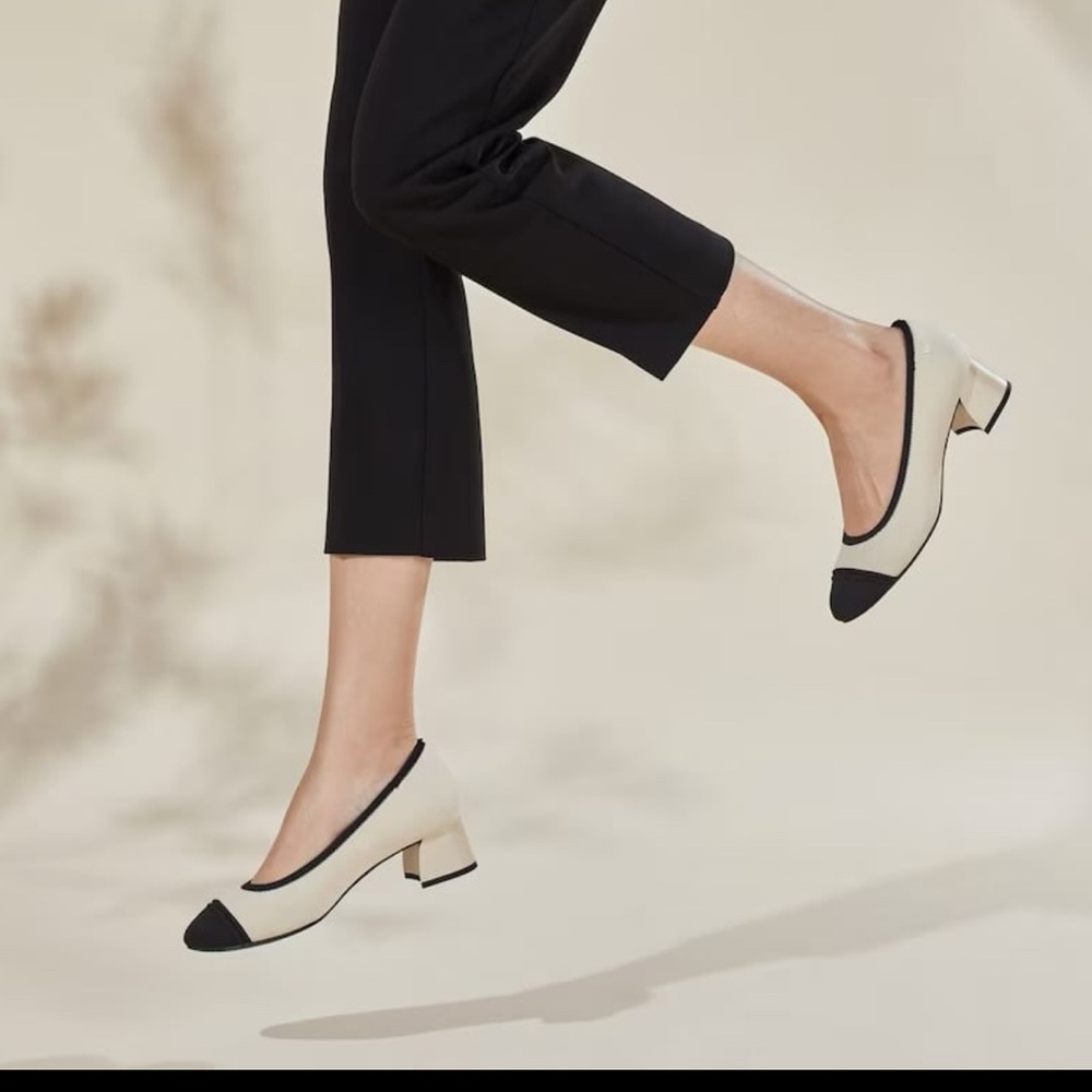 Classic Two-Tone Block Heel Flats - Cream & Black